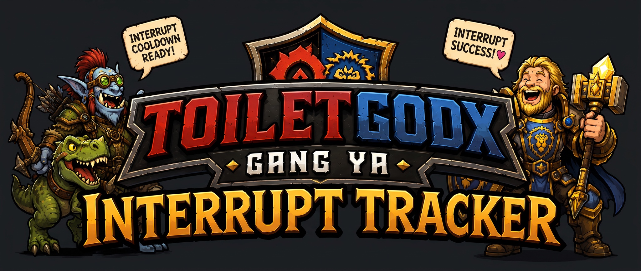 TGXG Interrupt Tracker – Addon-Banner mit Horde-Troll und Allianz-Paladin, Sprechblasen: Interrupt Cooldown Ready und Interrupt Success